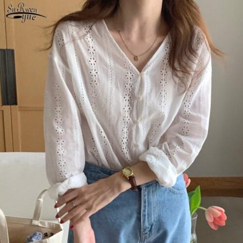 2021 Korean Fashion Tops Elegant Embroidered Hook Flower V-neck Shirt Summer White Cotton Blouse Women Solid Blusas New 14765