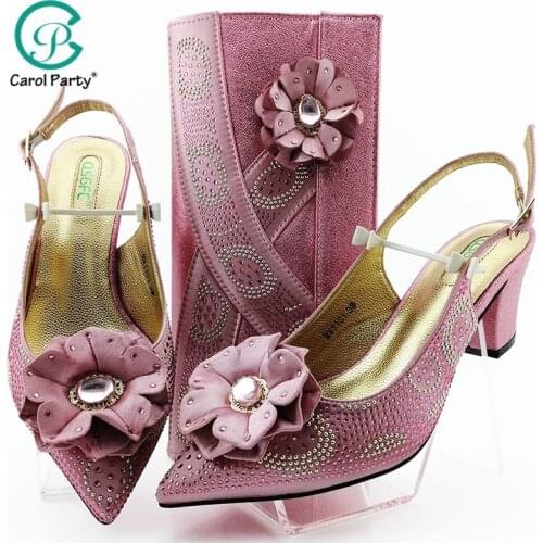 Pink Color Big Crystal African Lady Sandals with Matching Bags Italian Women Pointed Toe Shoes and Bag To Match for Party