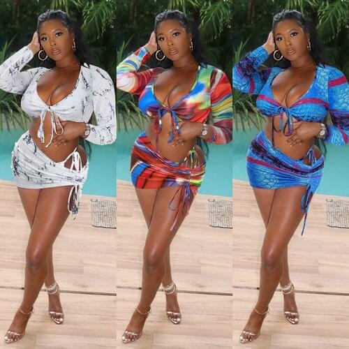 SUJYing 2021 Summer New Fashion Womens Long Sleeve Sexy Print Low Cut New Suit Two-Piece Dress Skirt