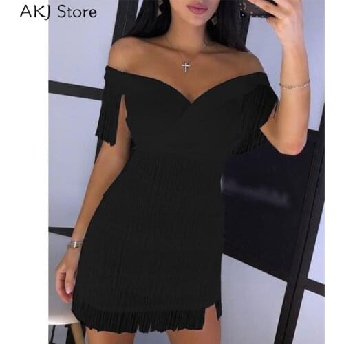 Women Sexy Off Shoulder Black Tassel Design Mini Dress Fashion Patchwork Dress