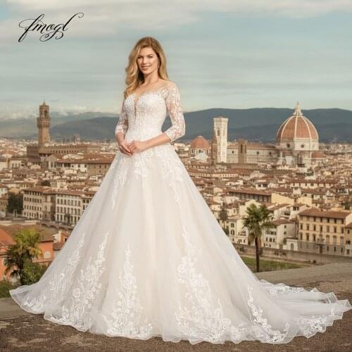 Fmogl Sexy Backless Three Quarter Sleeve A Line Wedding Dresses 2021 Appliques Sweep Train Tulle Vintage Bridal Gowns Plus Size