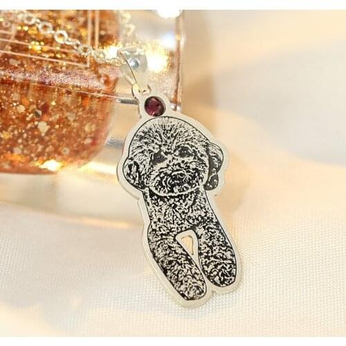 925 Silver Pets Portrait Necklace with Birthstone Custom Animal Memorial Photo Engraved Dog Cat Personalized Jewelry Necklaces