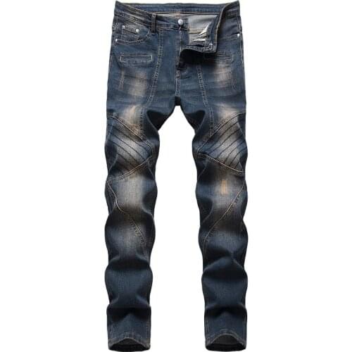 European American Trade Mens Jeans Elastic Nostalgia Worn Denim Pants Fashion Ripped Biue Trousers Motorcycle Hip Hop Costume