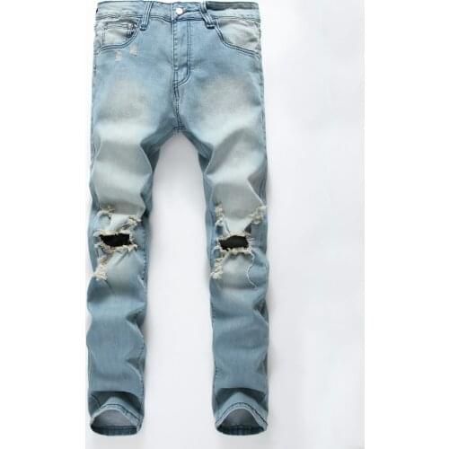 Mens Fashion Holes Nostalgic Tattered Jeans Pants Men Slim Fit Retro Blue Stretch Streetwear Hip Hop Ripped Jeans