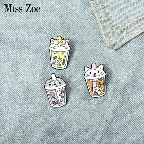 Bubble Tea Enamel Pin Cat Sloth Little Horse Brooch Bag Clothes Lapel Pin Badge Cartoon Animal Jewelry Gift for Kid Friend