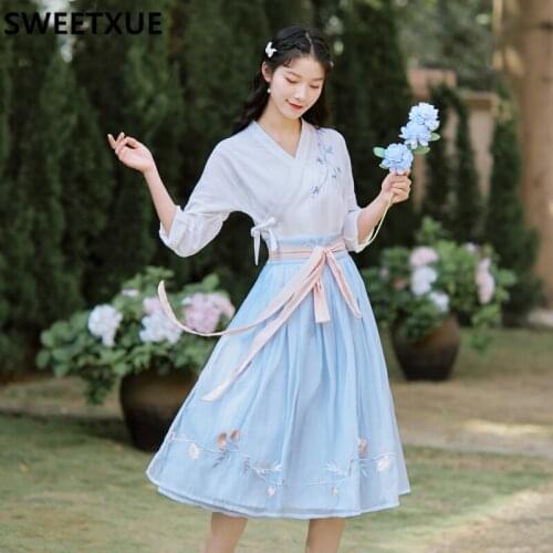 SWEETXUE Two Piece Outfits Improved Hanfu Embroidered Long-Sleeved Women Summer Top And Lace-Up Skirt Retro Lovely Suit Set