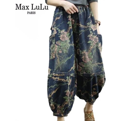 Max LuLu 2020 Fashion Chinese Style Winter Ladies Denim Trousers Womens Floral Jeans Vintage Elastic Loose Harem Pants Plus Size