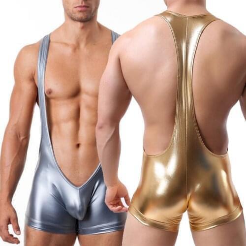Men Faux Leather PU Undershirt Wrestling One Piece Singlet Sexy Boxers Jumpsuit Suspender Underwear Straps Bodysuit Underwear