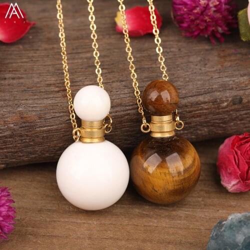 Natural Tiger Eye White Tridacna Stone Round Essential Oil Perfume Bottle Pendant Women Crystal Diffuser Gold Necklace Jewelry