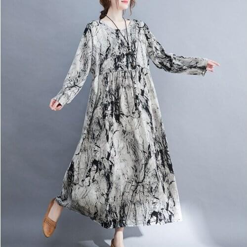 New 2021 Autumn Women Dress Clothing One-Piece Large Size Casual Long Linen Dress Female Vintage Printed Cotton Plus Size Dress