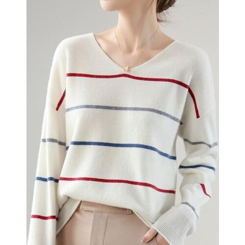 New v-neck wool cashmere sweater ladies casual fall/winter striped bottoming sweater long-sleeved stitching pullover sweater