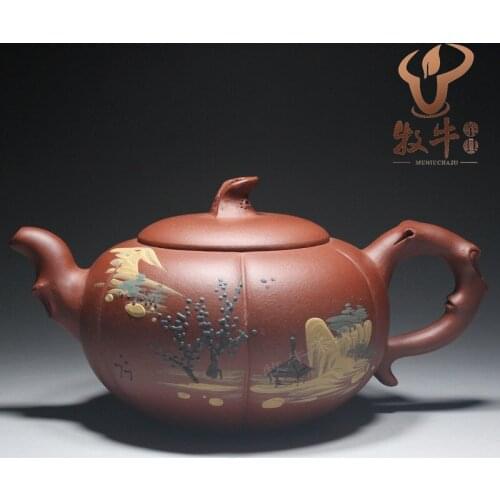 Authentic Yixing teapot wholesale pumpkin pot 360 ml of mud painting gift Kung Fu teapot LOGO mixed batch