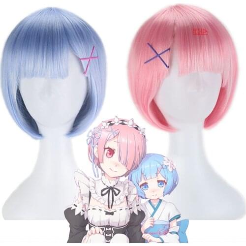 Anime Re Life In A Different World From Zero Cosplay Wigs Ram Rem Wigs with Hairpin Heat-resistant Fiber Hair + Free Wig Cap