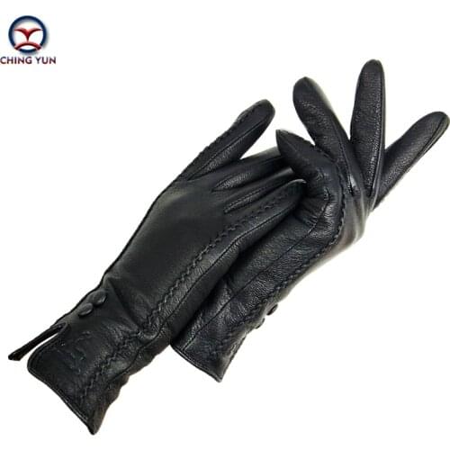 CHINGYUN New Womens gloves high quality Soft Thicken Genuine Leather Gloves Winter Autumn Ladies Fashion Brand Black Warm