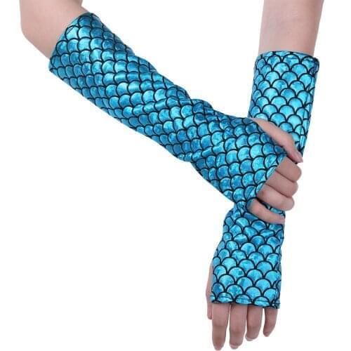 Adult Shiny Mermaid Long Gloves Fish Scale Print Party Gloves Fingerless Arm Sleeves Mitts Halloween Cosplay Clothing Decoration