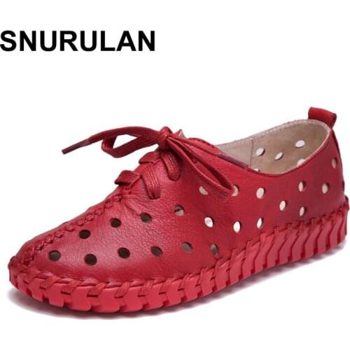 SNURULAN Spring and summer new genuine leather shoes women hollow female Lace genuine leather flats women shoes casual shoes