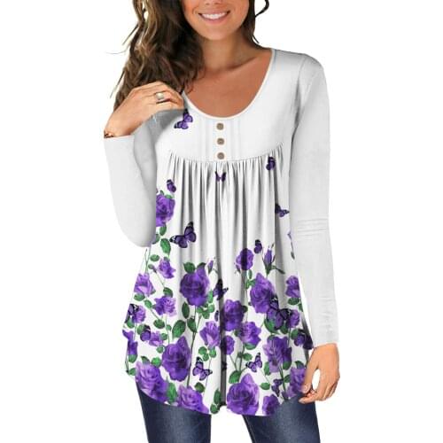Autumn Long Sleeve Oversized T Shirt Women O Neck Floral Butterfly Print Button T-Shirts Casual Loose Tee Ladies Tops Ropa Mujer