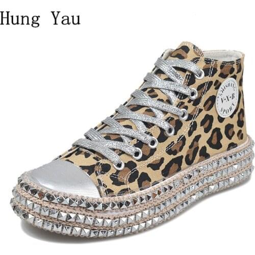 Women Shoes Flat Canvas Leopard Rivet Fashion Outdoor Casual Breathable Lace Up Platform Walk Female Autumn Comfortable
