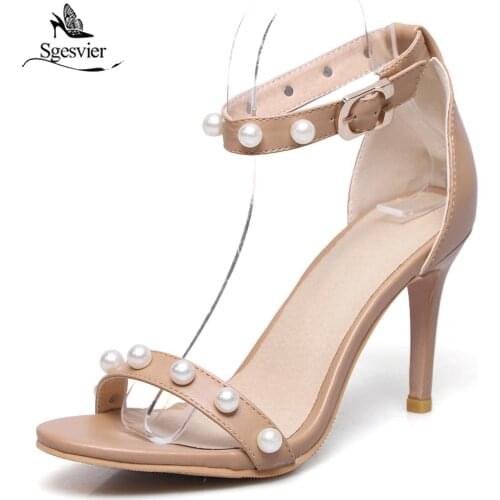 Sgesvier Summer Beading Womens Shoes Thin High Heels Open Toe Shoes Woman Cover Heels Buckle Shoes Woman Size 32-47 OX417