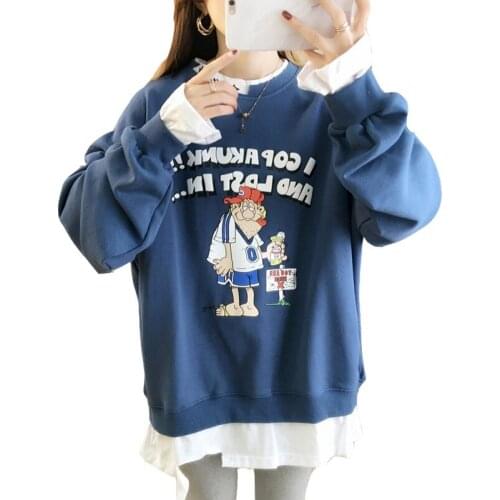 2020 Autumn And Winter Casual Pullover Women Loose Korean Version Of Fake Two-piece Round Neck Cartoon Printed Ladies Sweatshirt