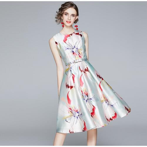 2021 Runway Women Summer Ball Gown Vest Dress Vintage Sleeveless Printed Sexy Party Festa Female Sashes A-Line Clothing Vestidos