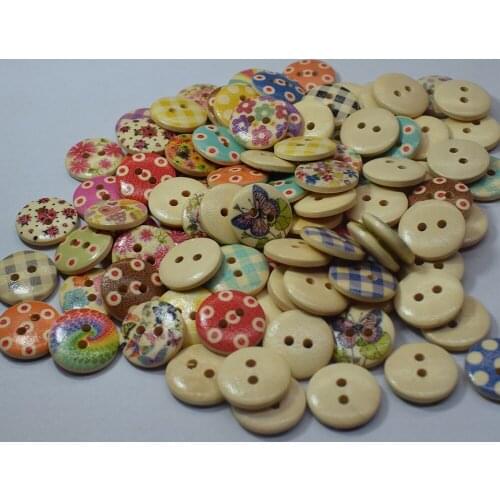 100PCs Mixed Flower Wooden Buttons 2 Holes Fit Sewing and Scrapbooking 15mm for Craft DIY