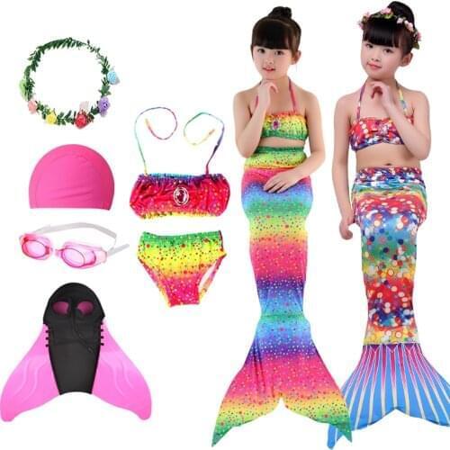 2021 NEW 6PCS/Set Rainbow Style Mermaid Tail Swimsuit With Fin for Kids Girls Holiday Dress Costume Bathing Swimuit Dress