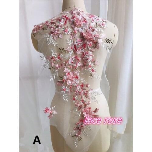 3D Pink Flower Embroidery Applique For Evening Dress Beads Clothing Patch Sew On Lace Fabrics Accessories Decoration Material
