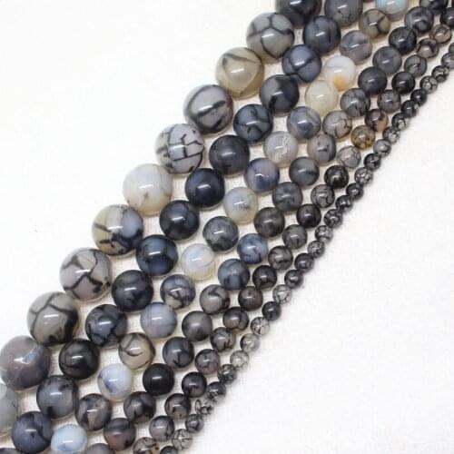 6mm-12mm Crack Black Line White Agates Round Stone DIY Loose Beads 15"