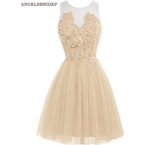 ANGELSBRIDEP Sheer Neck Homecoming Dresses Sparkly Beading Short Tulle Vestidos de festa Graduation Party Gowns