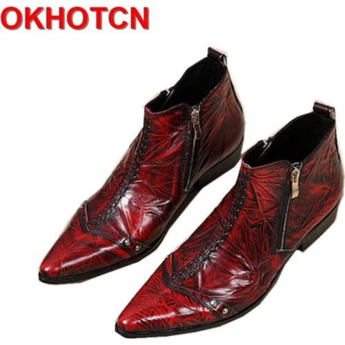 Korean High Flat Boots Men Genuine Leather Western Boots Zip Increased Motorcycle Boots Rivet Sewing Patchwork Hip Hop Shoes Men