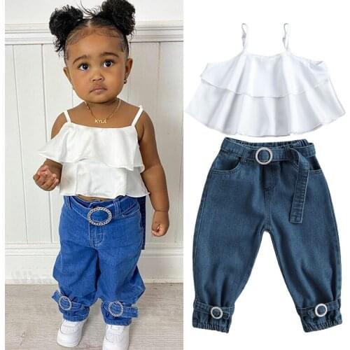 Kids Clothing 2021 New Summer Baby Girls Clothes Sets Ruffles Sleeveless Top Belt Denim Pants 2Pcs Outfit Suit Kids Clothes