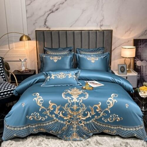 Blue Glossy Soft Satin Silk Cotton Gold Embroidery Palace Bedding Set Double Duvet Cover Set Bed Linen Fitted Sheet Pillowcases
