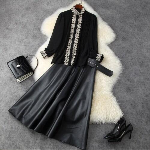 N 2021, Europe and the United States womens winter new style long-sleeved embroidered flower shirt PU skirt fashion suits