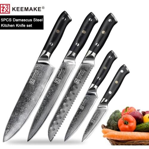 KEEMAKE 5PCS Kitchen Knives Set Utility Chef Bread Paring Knife Japanese Damascus VG10 Steel Sharp Blade G10 Handle Meat Cutter