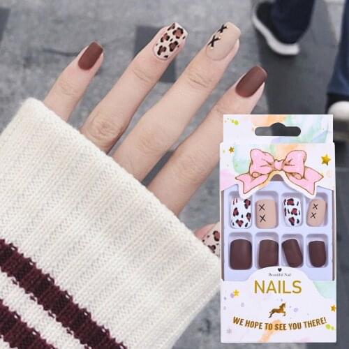 24Pcs Detachable False Nails Fashion Leopard Square Fake Nails Full Cover Nail Tips Artificial Manicure Tool Finished Fingernail