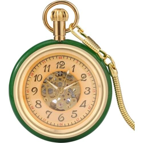 Jade Design Luxury Gold Automatic Mechanical Pocket Watch Antique Pendant Self-Winding Pocket Clock Gifts Father with Box