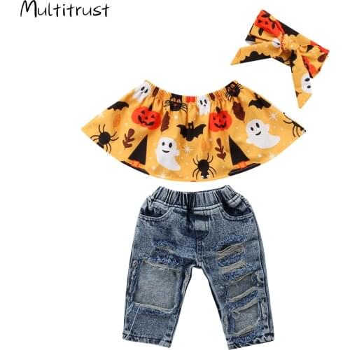 Halloween Clothes 2021 Baby Girl Kids T-shirt Tops+Denim Pants+Hedband Outfits Clothes Set Size 1-4T