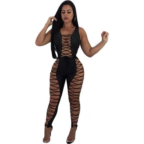 Adogirl Sexy Gromment Lace Up PU Jumpsuit Women Vintage Sleeveless Leather Pencil Pants Bodycon Jumpsuit Body Club Outfit Romper