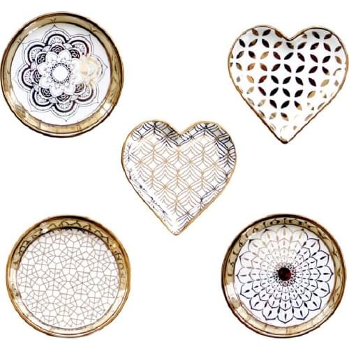 Golden Ceramics Cosmetic Jewelry Storage Tray Desktop Accessories Storage Dressing Table Restaurant Cake Coffee Decoration Plate