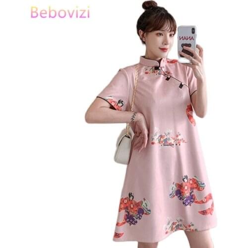 Plus Size M-4XL Peking Opera Print Pink Fashion Modern Cheongsam Dress for Women Short Sleeve Qipao Traditional Chinese Clothes
