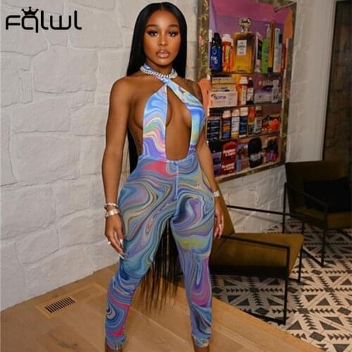 FQLWL Sexy Tie Dye Print Bodycon Jumpsuit Women Summer 2021 Halter Hollow Out Backless Club Outfits For Women Blue Jumpsuits