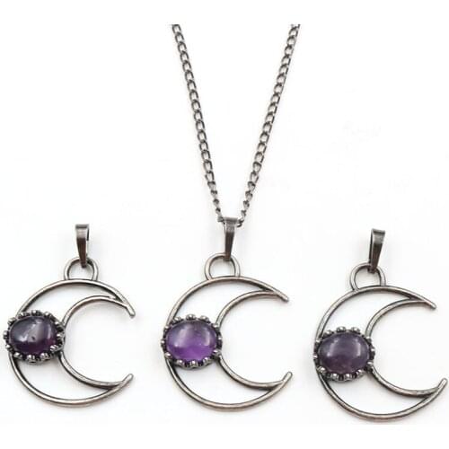 YJXP Crescent Pattern Pendant Necklaces for Women Men Crown Shaped Inlay Natural Crystal Quartzs Ellipse Stones Vintage Jewelry