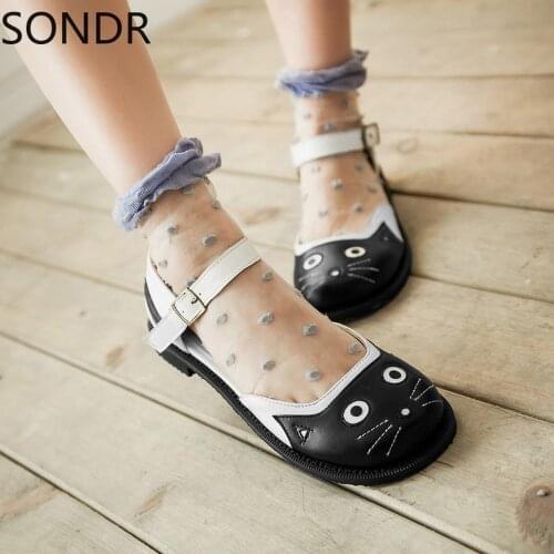 US4-11 Womens Lolita Mary Janes Cat Lfats Casual Cut Our Sweet Round Toe Ankle Strap Shoes Japanese Pluse Size B84