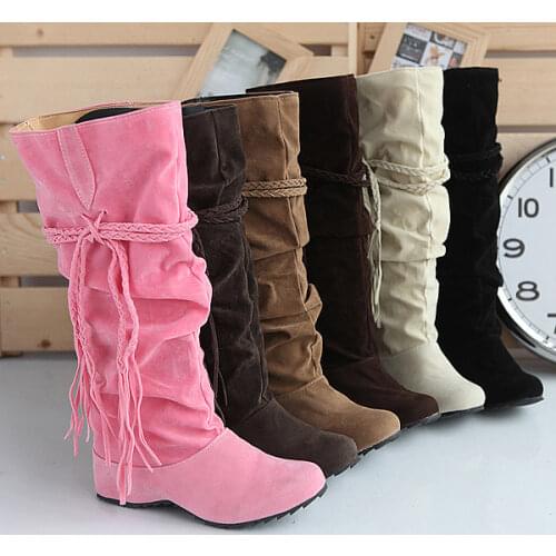 Plus Size Womens Boots 40-43 Size Extra Large Size Rope Braided Frosted Inner Increase Tassel High Boots Fashion Female Winter
