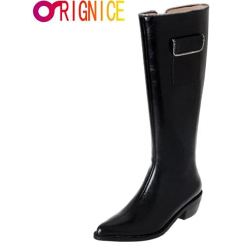 Orignice Side Zipper Knee High Boots Women Good Quality Leather Sexy Pointed Toe Square Heels Autumn Winter Party Working Shoes