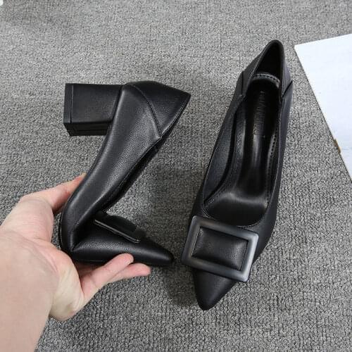 Thick-heeled Womens High Heels 2021 Spring and Autumn New All-match Black Soft Leather Professional Pointed-toe Womens Shoes