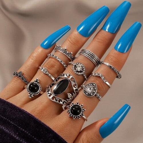 Boho New Vintage Silver Color Rings Sets For Women Clear Crystal Hollow Out Geometric Punk Finger Jewelry For Women Anillos