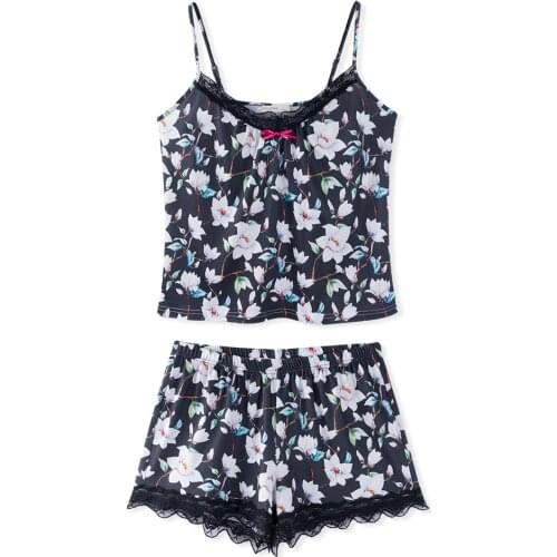 Neatie kiddie Nightwear Print Home Pajamas Sets Women Floral Print Lace Patchwork Sleeveless V-neck Strap Camis Tops With Shorts