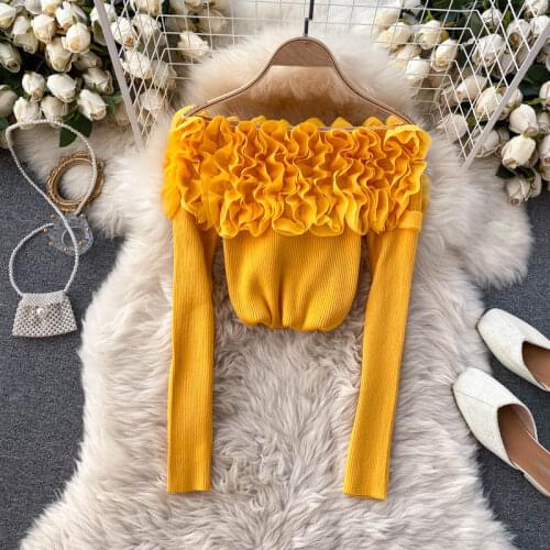 Autumn Winter All-match Knitted Top Womens Three-dimensional Flower Stitching Slash Neck Strapless Bottoming Shirt UK738